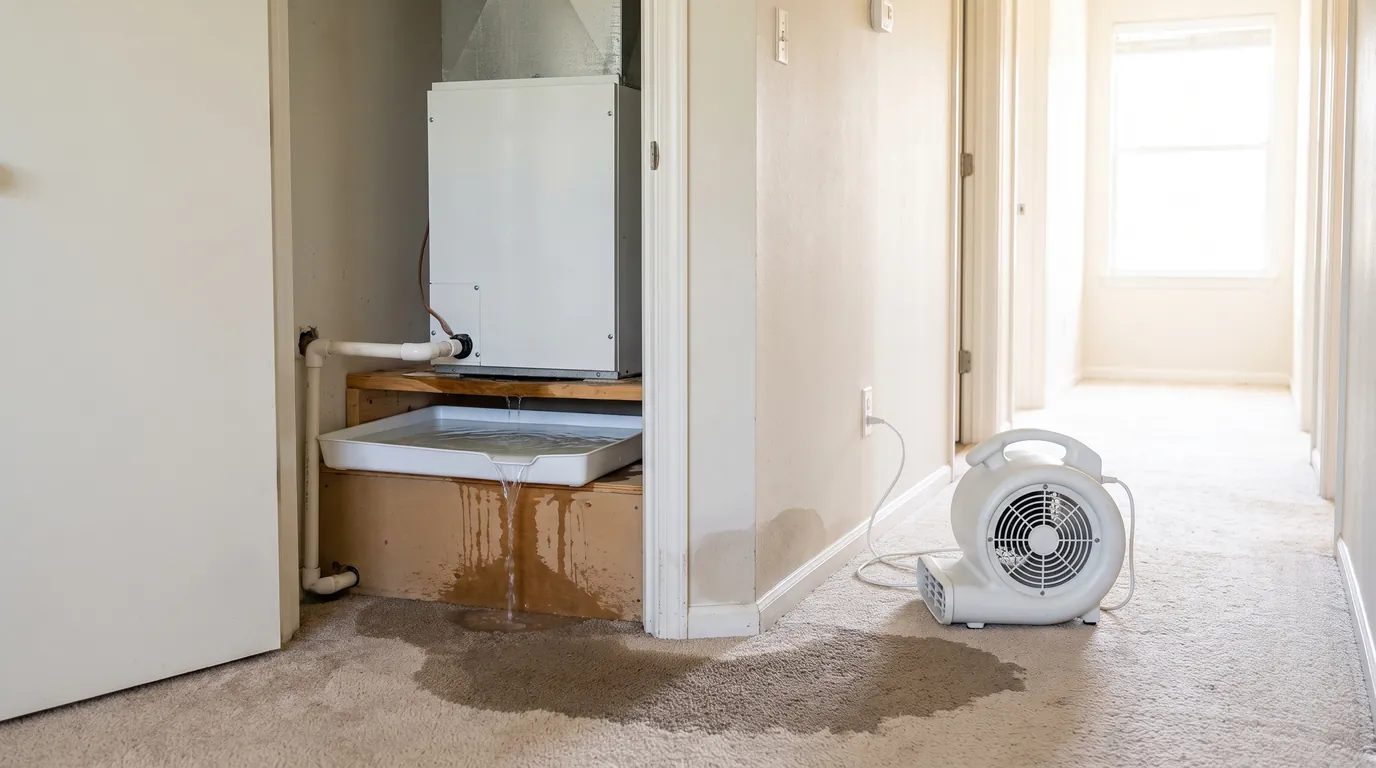 A hall closet air handler with its drain pan overflowing onto the carpet