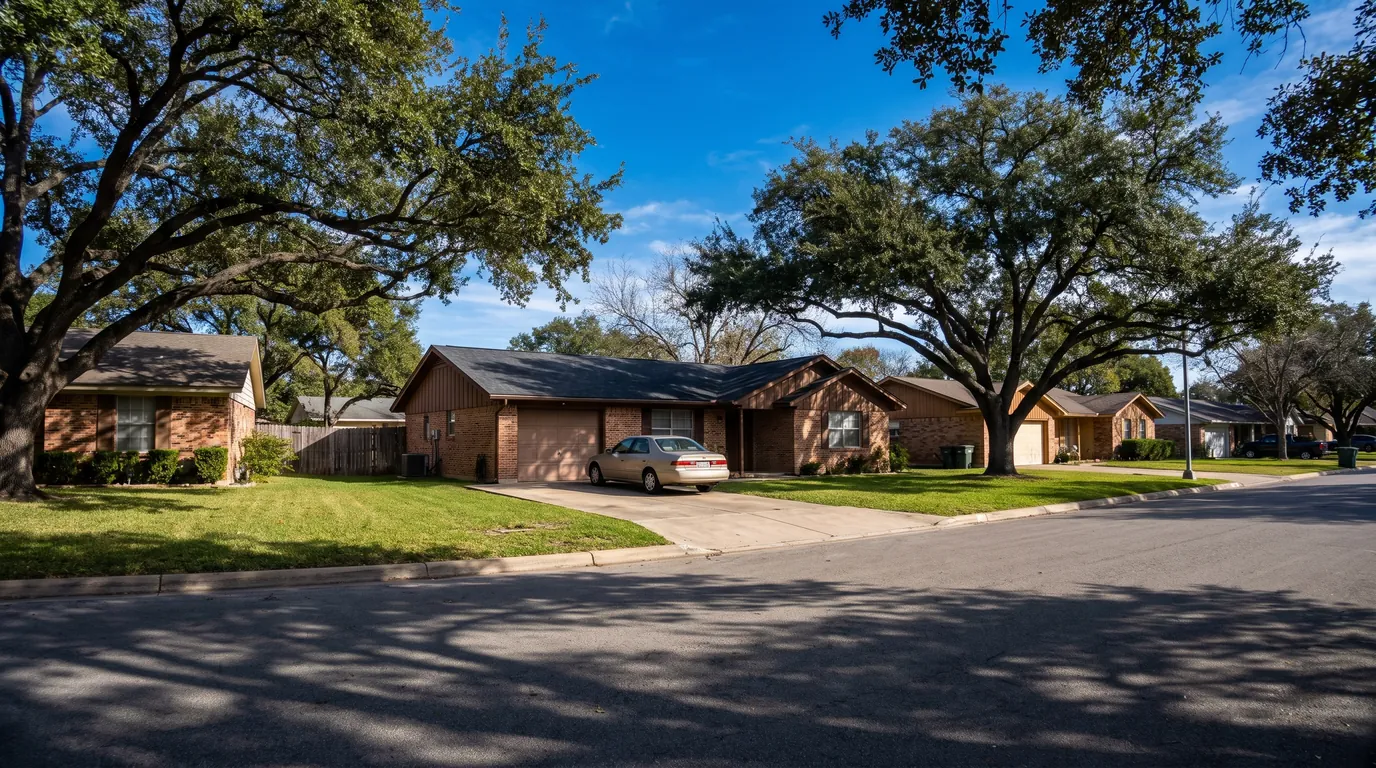 A residential Austin street with brick ranch houses, green lawns, and big live oaks