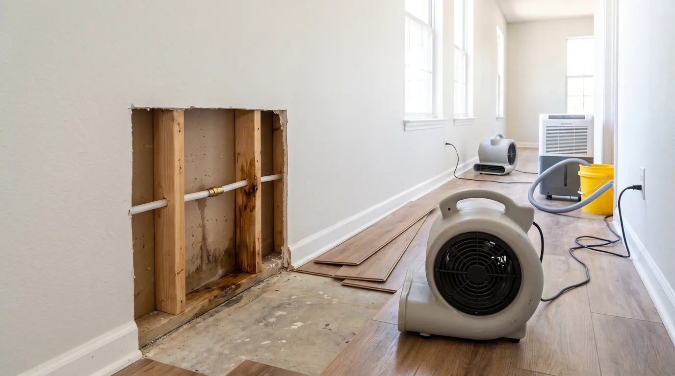 A hallway wall cut open around a repaired water line, with an air mover blowing into the opening