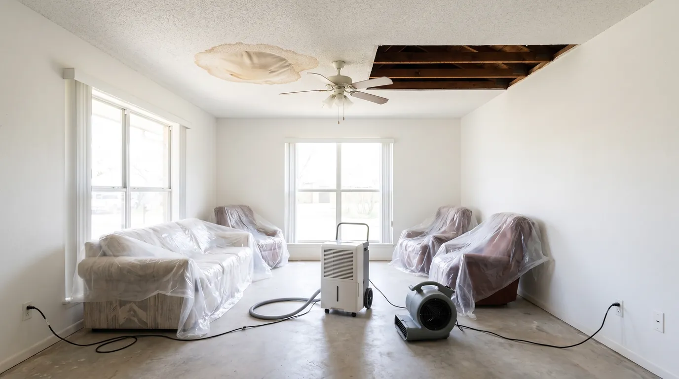 A living room ceiling with a brown water stain and a section cut out, furniture under plastic below