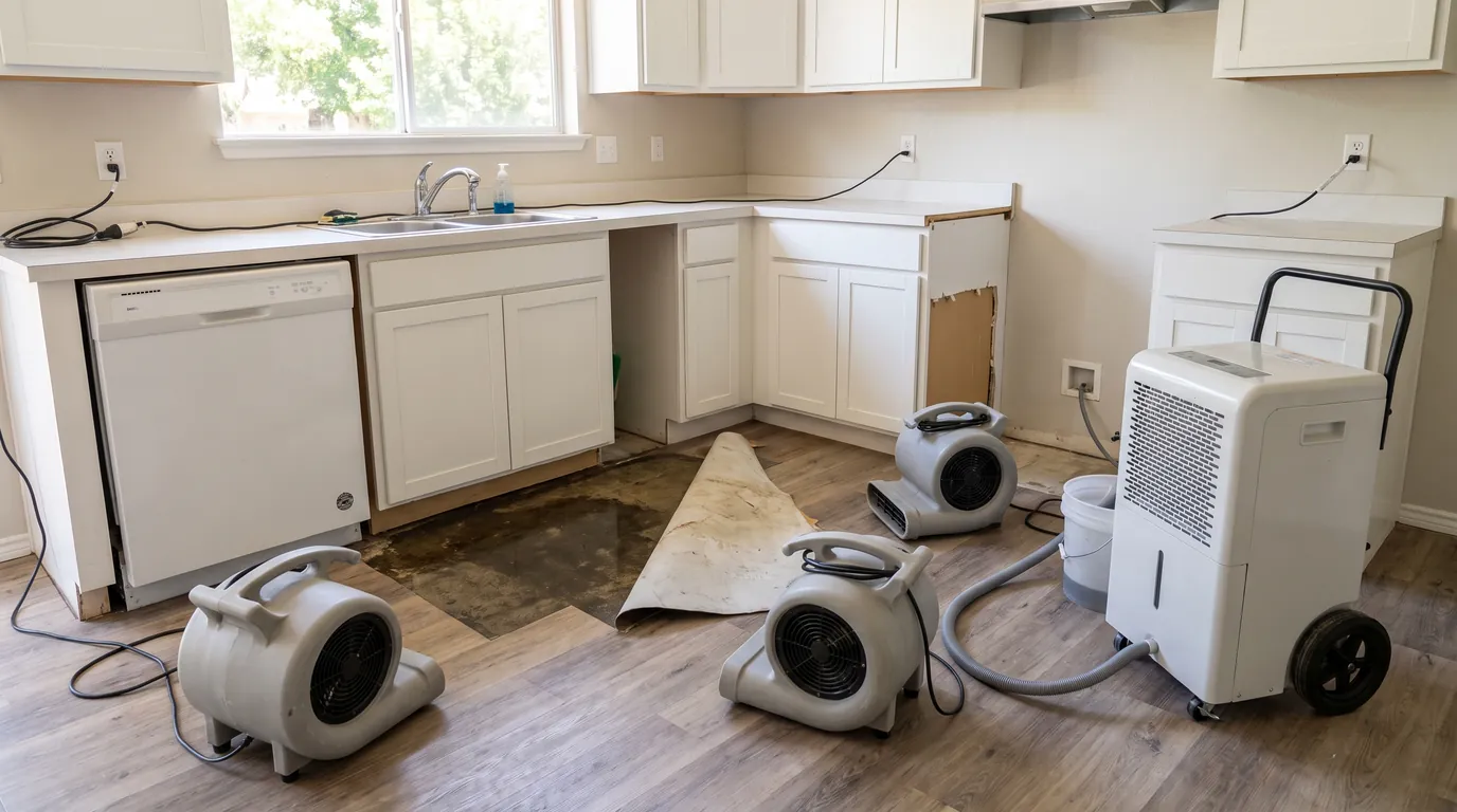 A kitchen with flooring pulled back from a wet slab in front of the dishwasher, drying equipment running