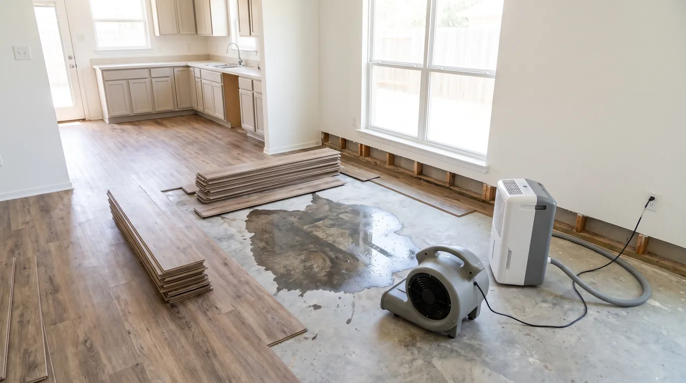Vinyl plank flooring pulled up around a wet patch on a concrete slab, with drying equipment running