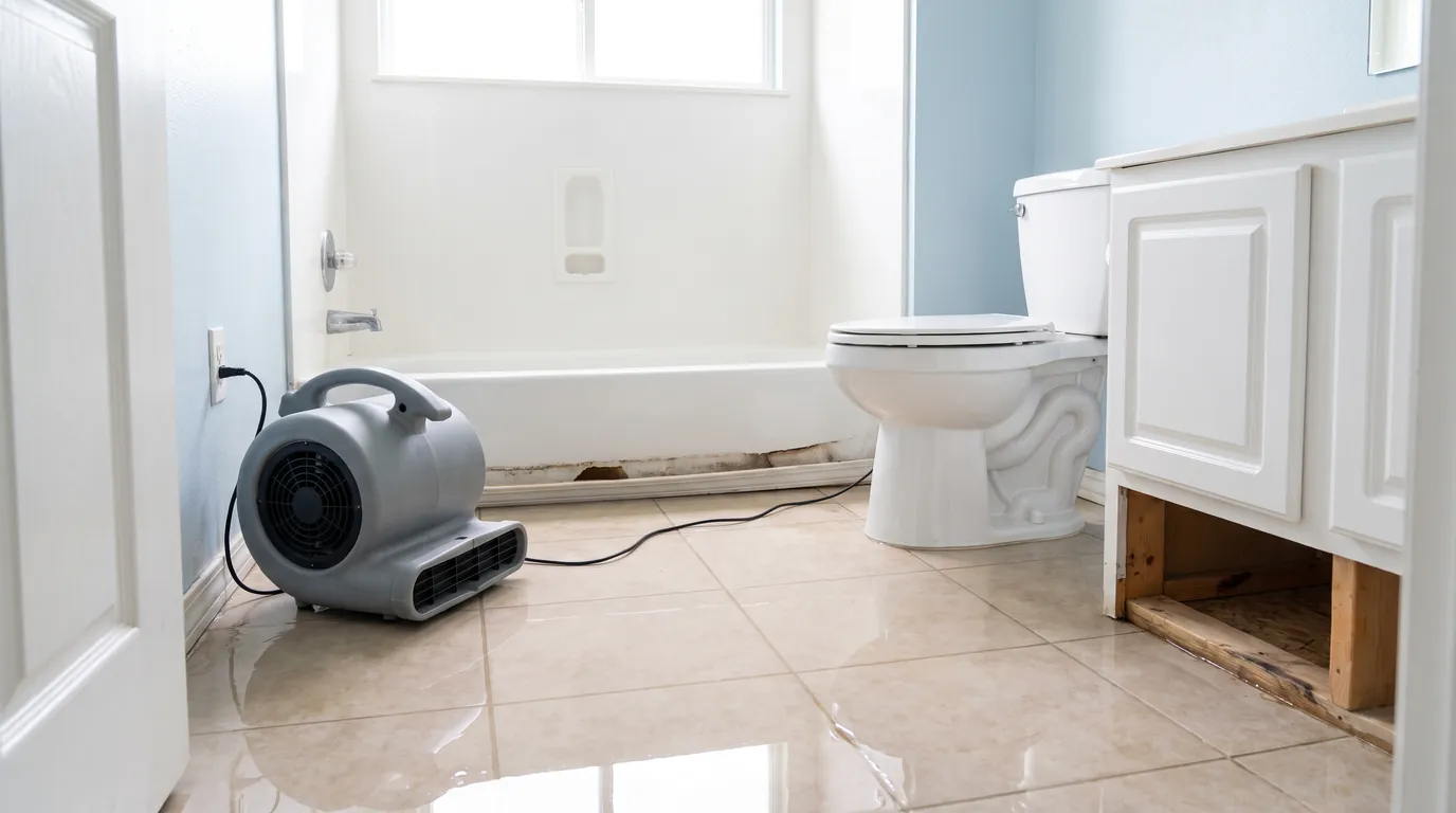 A bathroom with water across the tile floor, the vanity toe-kick removed, and an air mover running