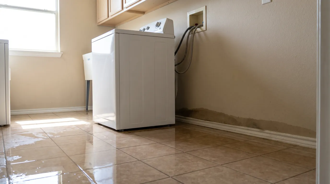 A laundry room with water on the tile floor and a wet stain along the wall behind the washer