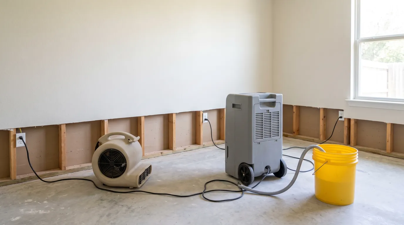 A bedroom during drying, the drywall cut away low, with an air mover and a dehumidifier running