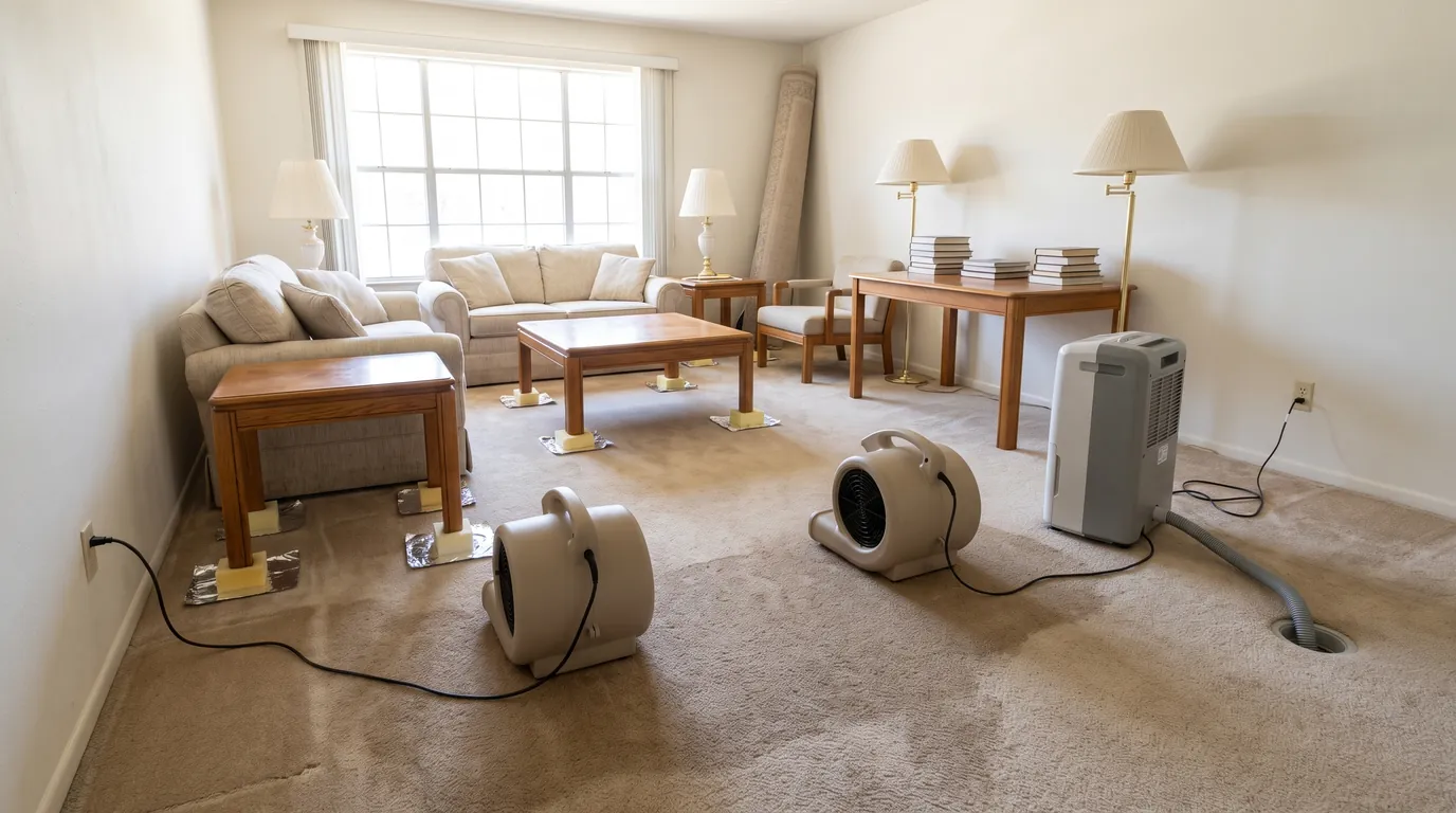 A family room with furniture set up on blocks, a rolled rug, and drying equipment on wet carpet