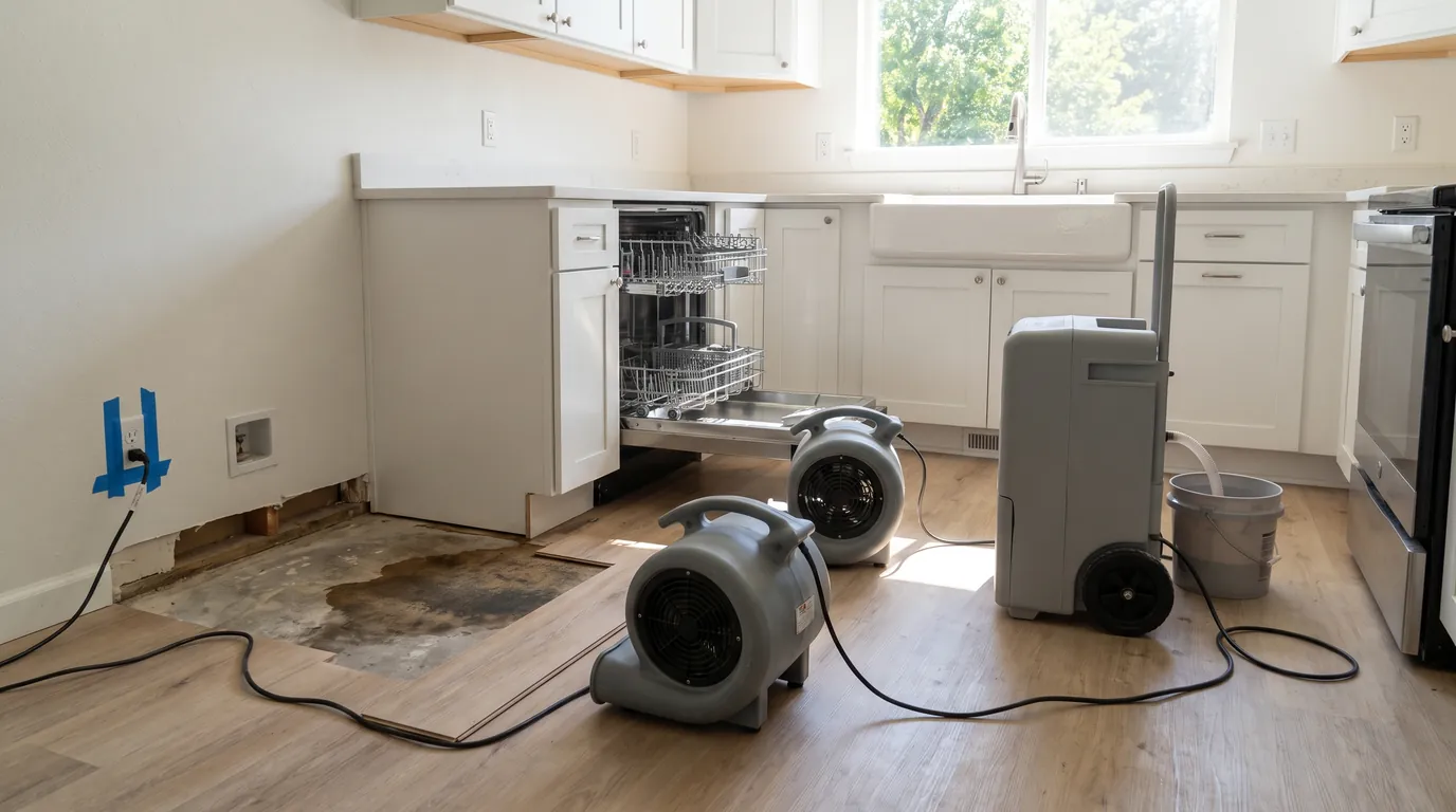 A kitchen after a dishwasher leak, with flooring rolled back and drying equipment running