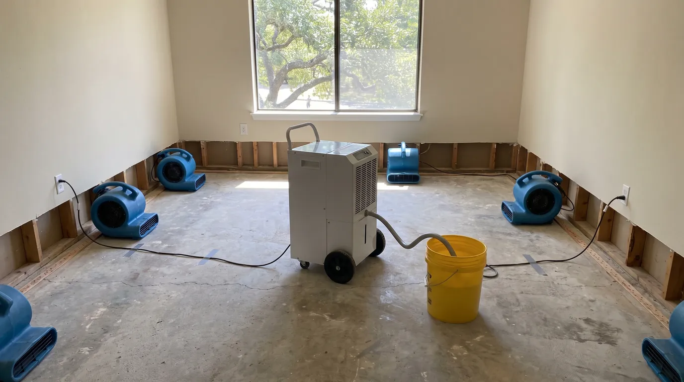 An emptied room with a flood cut around the walls and air movers and a dehumidifier running