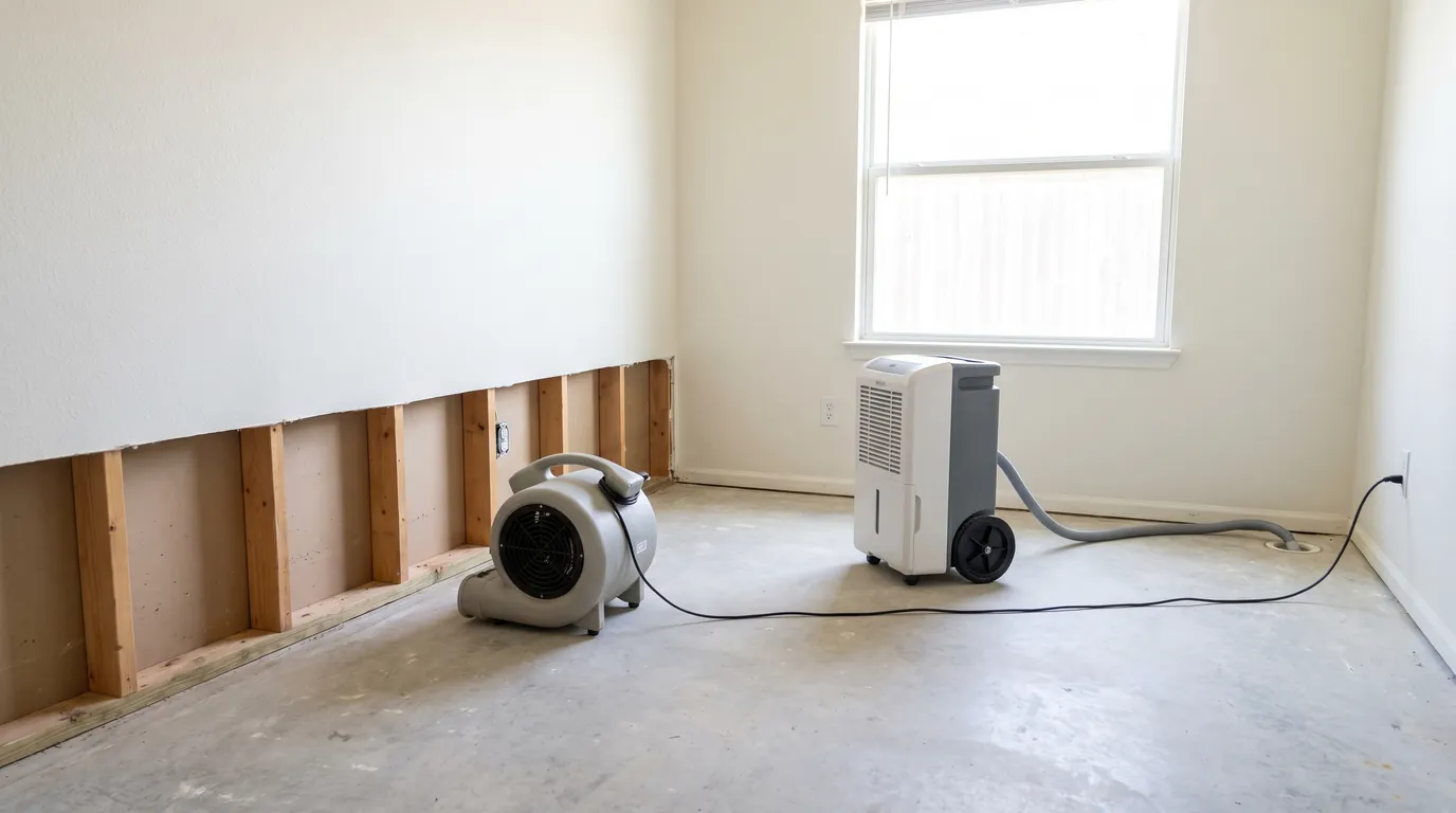 A bedroom wall with the drywall cut away two feet up, showing the studs, and an air mover running